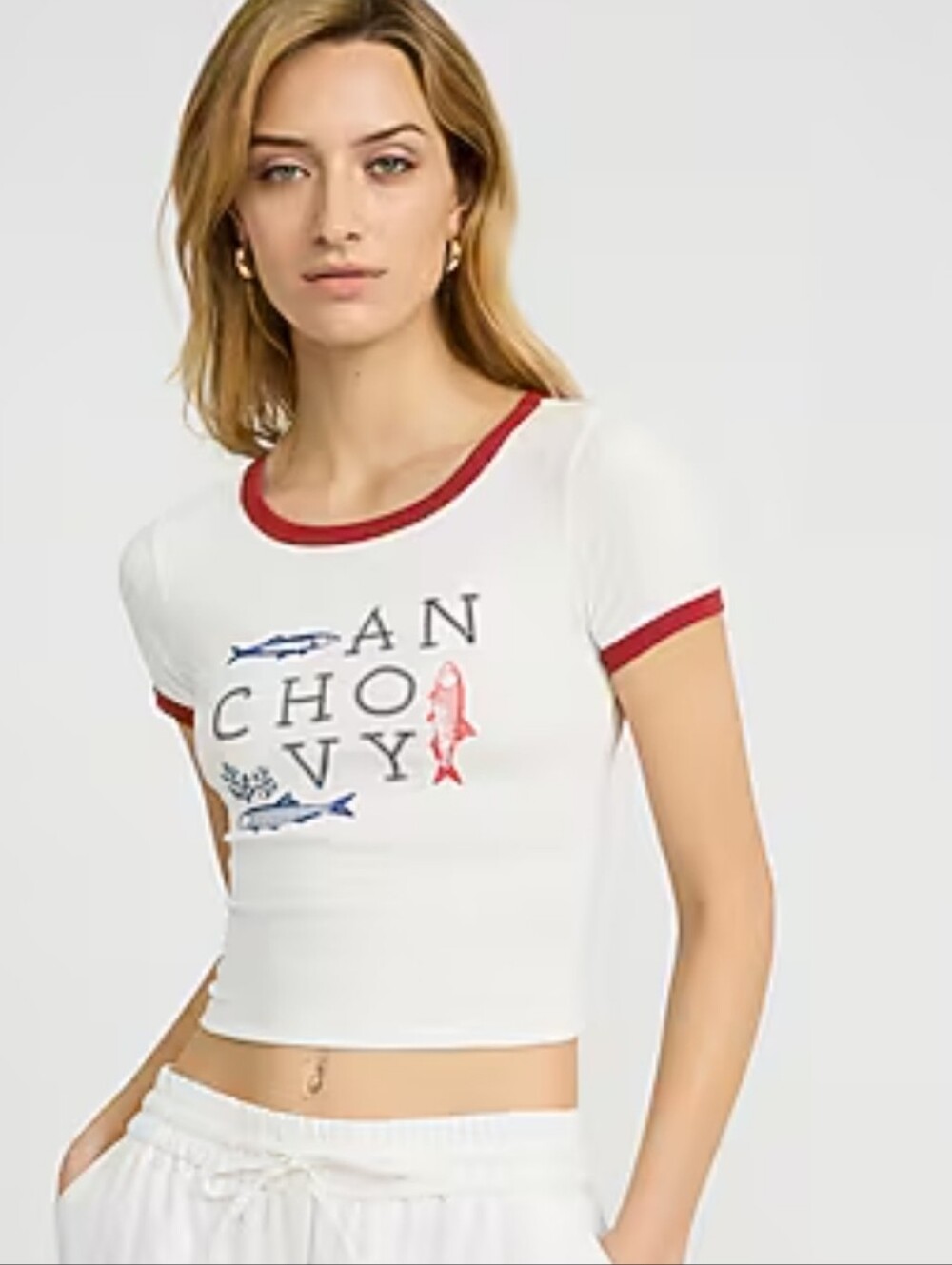 J.O.A. Anchovy Graphic Ringer Baby Tee Crop Top Casual Nautical Sailor Sz Small